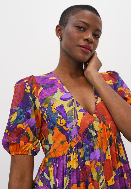 edit - Bellow sleeve tiered a-line maxi - bold artsy tropical