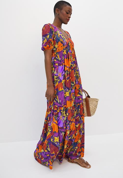 edit - Bellow sleeve tiered a-line maxi - bold artsy tropical