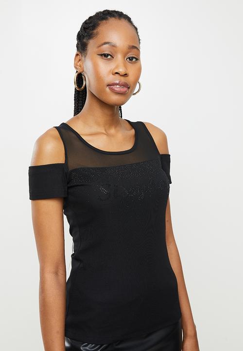 SISSY BOY - Fashion cold shoulder bling logo top - black