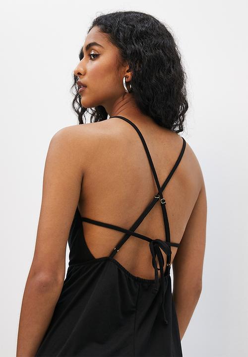 VELVET - Knit strappy open back column dress - black
