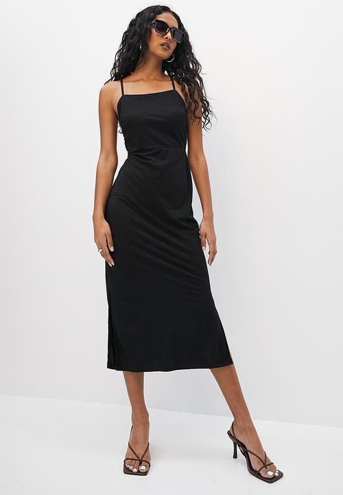 VELVET - Knit strappy open back column dress - black