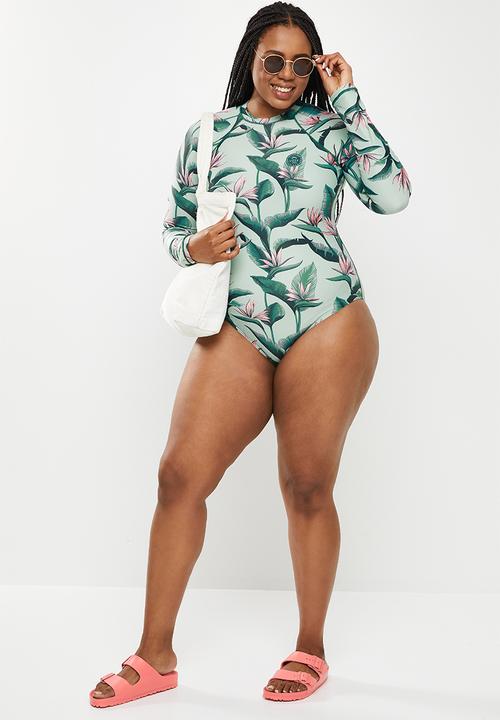 Lizzy - Plus anabette long sleeve swim - olive jungle strelitzia