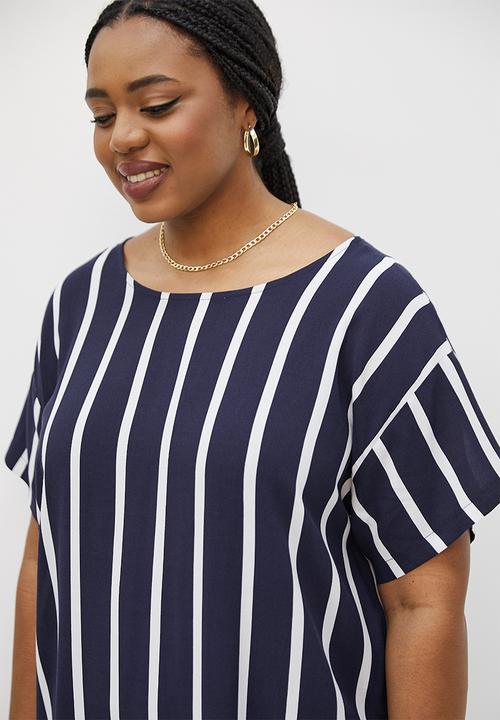 edit Plus - Basic woven shift dress - ink & white stripe