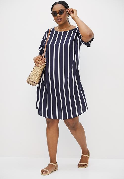edit Plus - Basic woven shift dress - ink & white stripe
