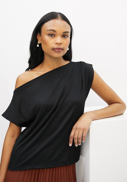 MILLA - Slash neck brushed knit top - black