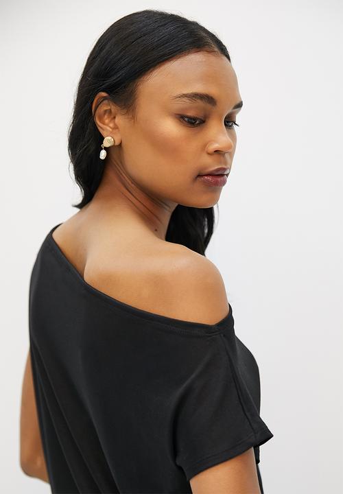 MILLA - Slash neck brushed knit top - black
