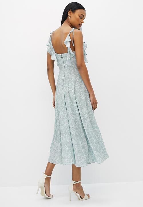 MILLA - Ruffle strap circle skirt with midi dress - sage wild flower line print