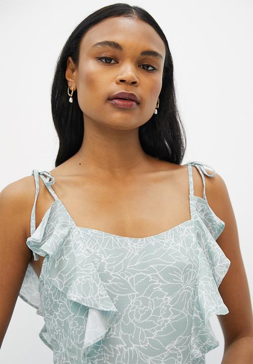 MILLA - Ruffle strap circle skirt with midi dress - sage wild flower line print