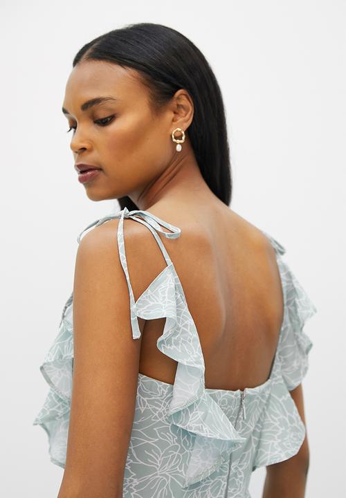 MILLA - Ruffle strap circle skirt with midi dress - sage wild flower line print