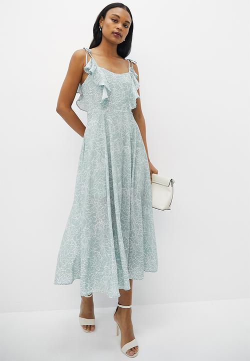 MILLA - Ruffle strap circle skirt with midi dress - sage wild flower line print