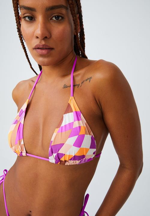 Cotton On - Slider triangle bikini top - purples optical check