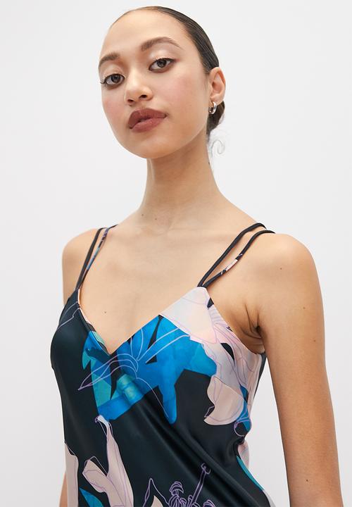 VELVET - Strappy satin slip dress with slits - large scale floral