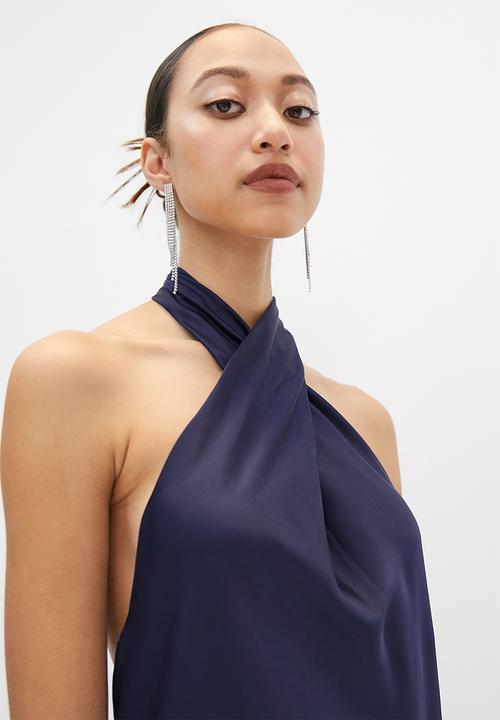 VELVET - Cross over halter neck midi slip dress - navy
