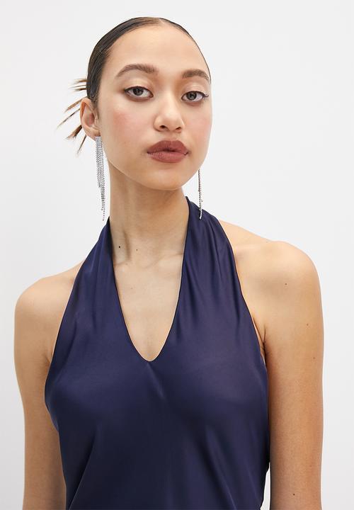 VELVET - Cross over halter neck midi slip dress - navy