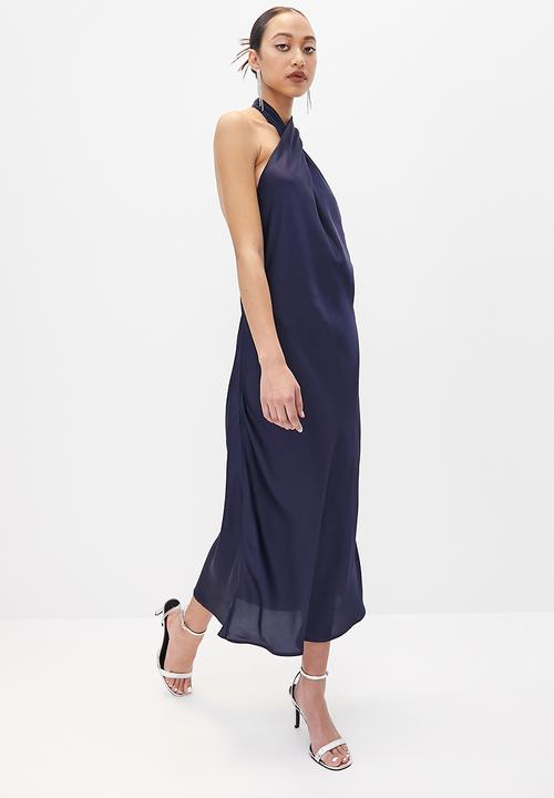 VELVET - Cross over halter neck midi slip dress - navy
