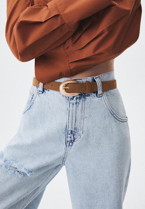 MANGO - Rounded buckle leather belt - brown