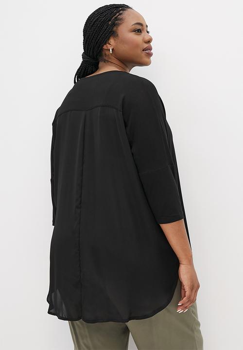 edit Plus - Knit woven curved hem longline tee - black