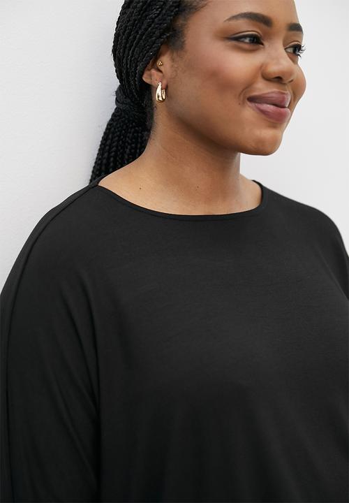 edit Plus - Knit woven curved hem longline tee - black