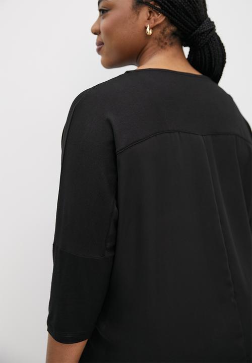 edit Plus - Knit woven curved hem longline tee - black