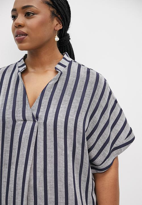 edit Plus - Notch neck midi shift dress - navy stripe