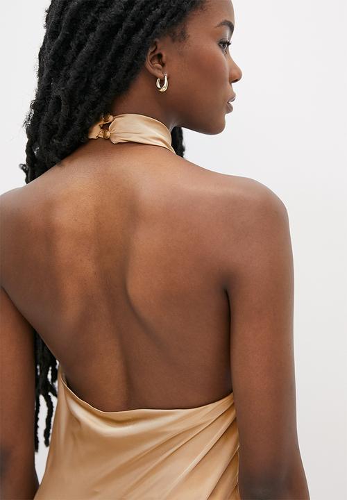 VELVET - Cross over halter neck midi slip dress - neutral