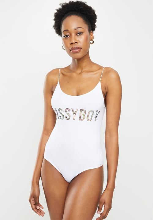 SISSY BOY - Seamless bodysuit with bling logo - white