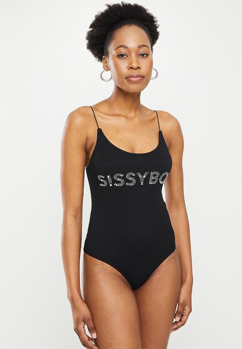 SISSY BOY - Seamless bodysuit with bling logo - black