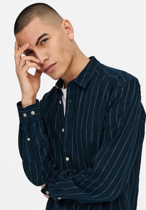 Only & Sons - Caiden stripe linen shirt - dark navy