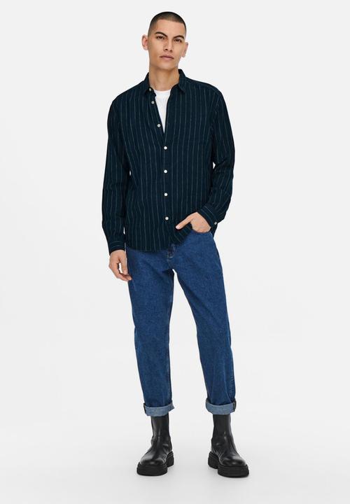 Only & Sons - Caiden stripe linen shirt - dark navy