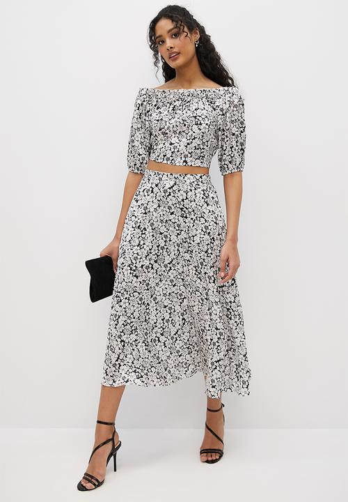 MILLA - Co-ord bardot ruffle top - retro mono floral