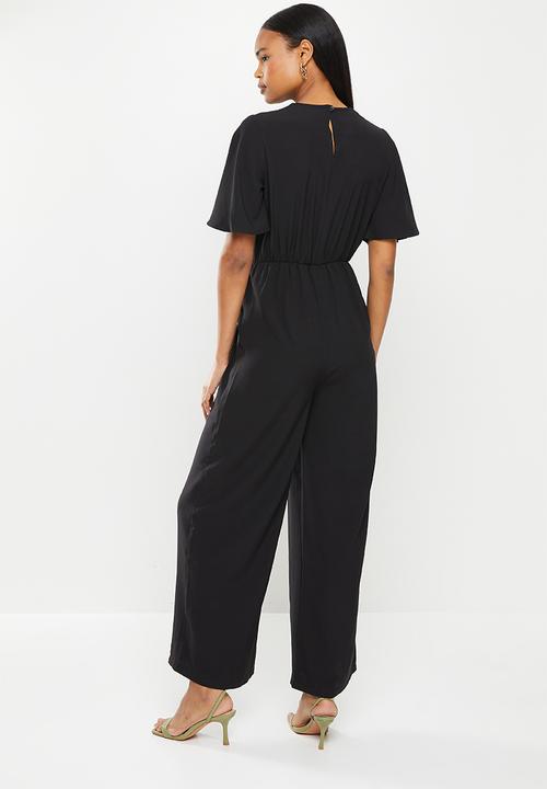 Me&B - Tie front wrap long pant jumpsuit - black