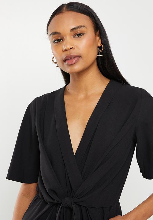 Me&B - Tie front wrap long pant jumpsuit - black