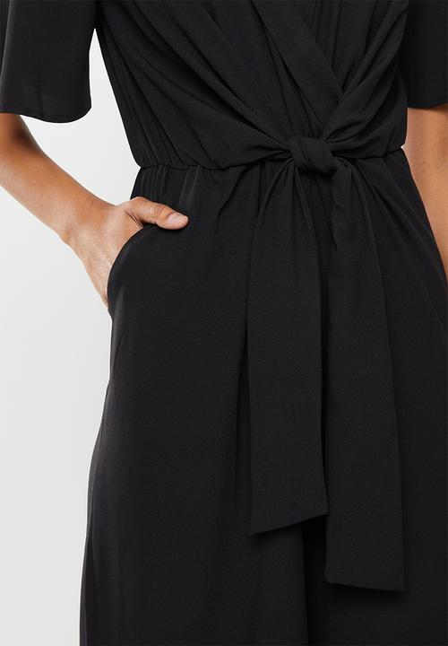 Me&B - Tie front wrap long pant jumpsuit - black