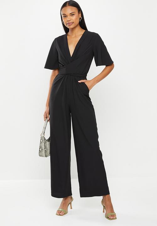 Me&B - Tie front wrap long pant jumpsuit - black