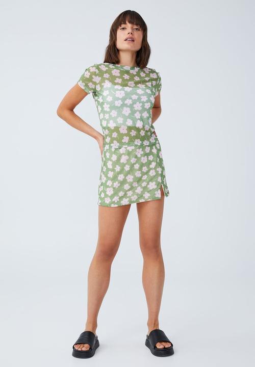 Cotton On - Zoe micro mesh mini skirt - mini floral camper green