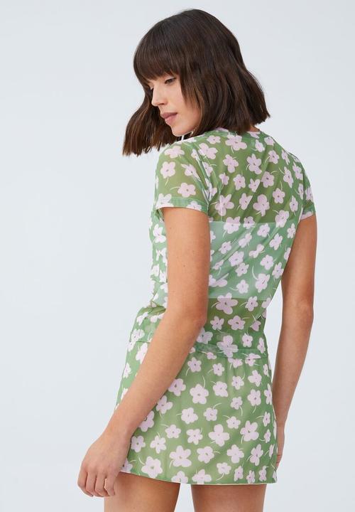 Cotton On - Zoe micro mesh mini skirt - mini floral camper green