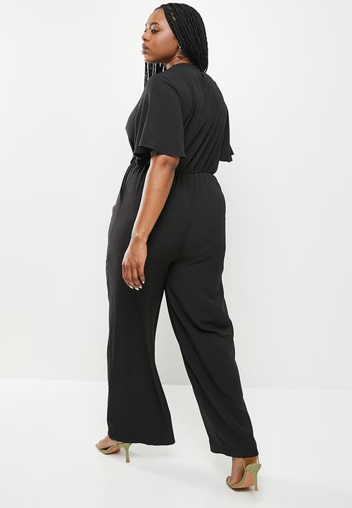 Me&B - Plus tie front wrap long pant jumpsuit - black