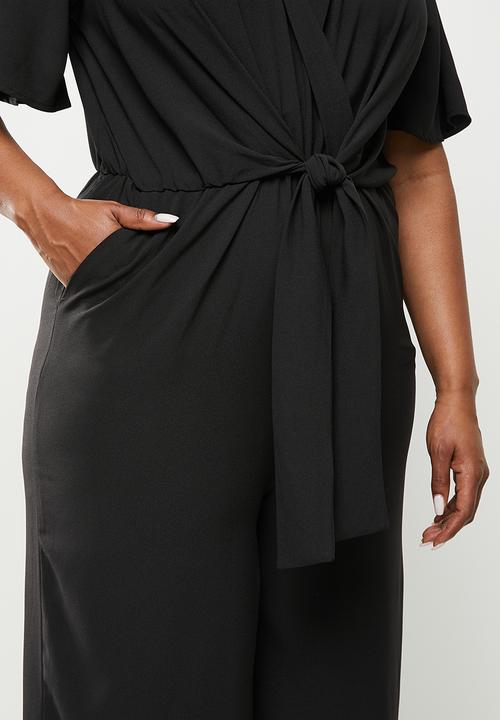 Me&B - Plus tie front wrap long pant jumpsuit - black