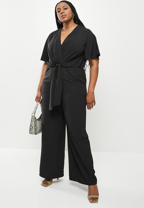 Me&B - Plus tie front wrap long pant jumpsuit - black