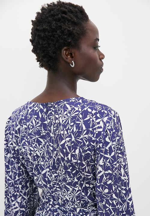 edit - V-neck belted maxi - ink micro dragonfly