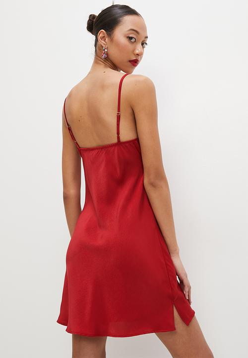 VELVET - Satin cowl neck mini slip dress - red