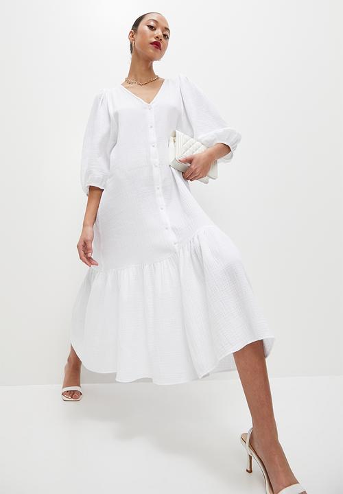 VELVET - Plunge neck tiered maxi dress - white