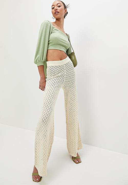 VELVET - Textured squareneck crop top with tie back - sage