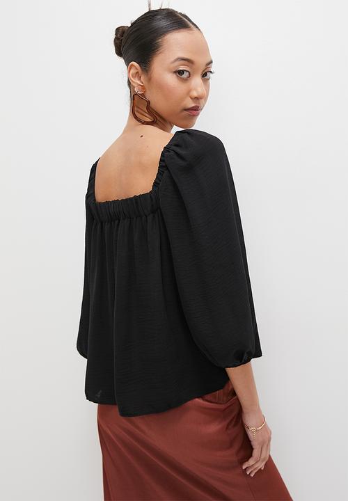VELVET - Square neck relaxed peasant blouse - black