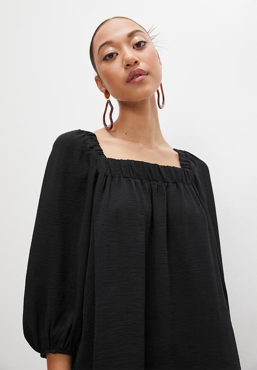 VELVET - Square neck relaxed peasant blouse - black