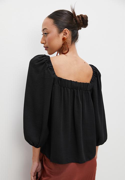 VELVET - Square neck relaxed peasant blouse - black