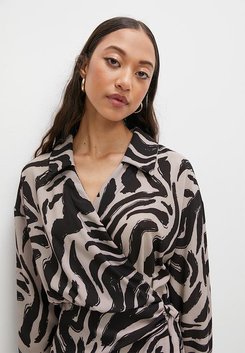 Superbalist - Wrap collared mini dress - stone zebra