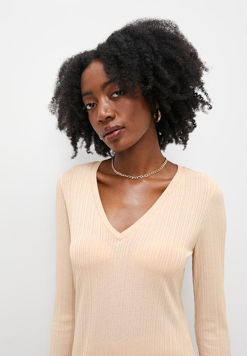 VELVET - Rib longline tunic top with slits - beige