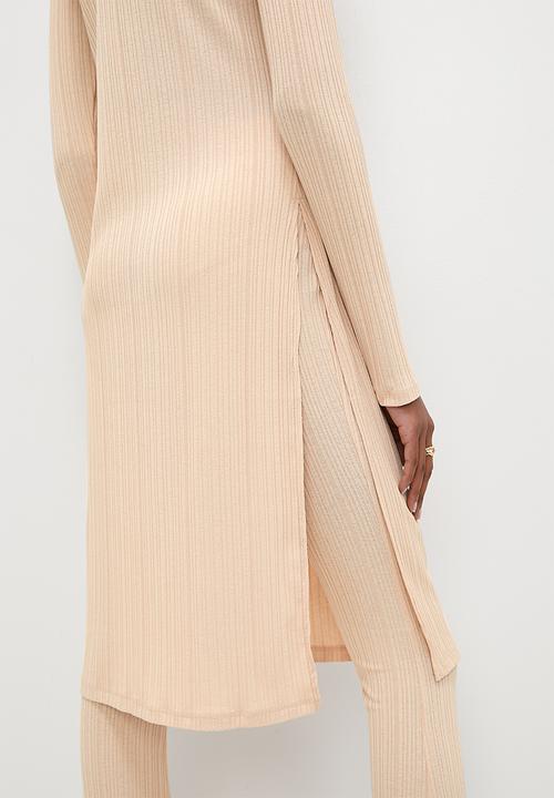 VELVET - Rib longline tunic top with slits - beige
