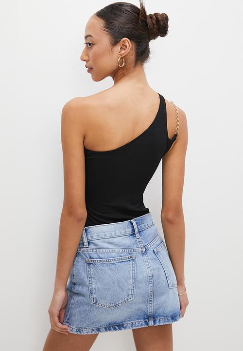VELVET - Asymmetric cut out bodysuit with chain detail - black
